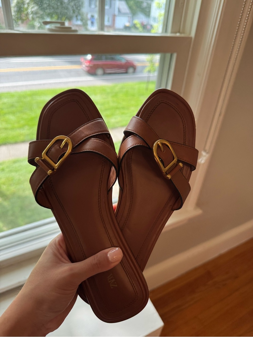 ZARA Brown Leather-Look Slide Sandals